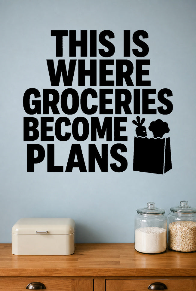 This Is Where Groceries Become Plans removable vinyl wall decal shown in a pantry setting.