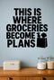 This Is Where Groceries Become Plans removable vinyl wall decal shown in a pantry setting.