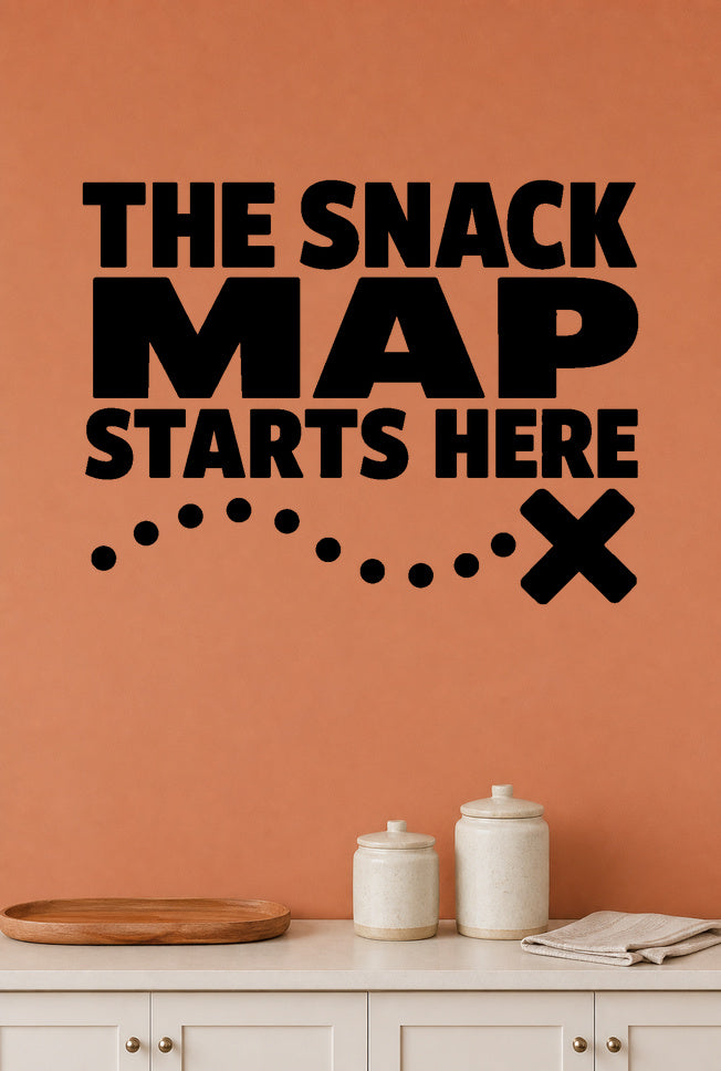 The Snack Map Starts Here removable vinyl wall decal shown in a pantry setting.