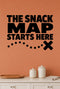 The Snack Map Starts Here removable vinyl wall decal shown in a pantry setting.