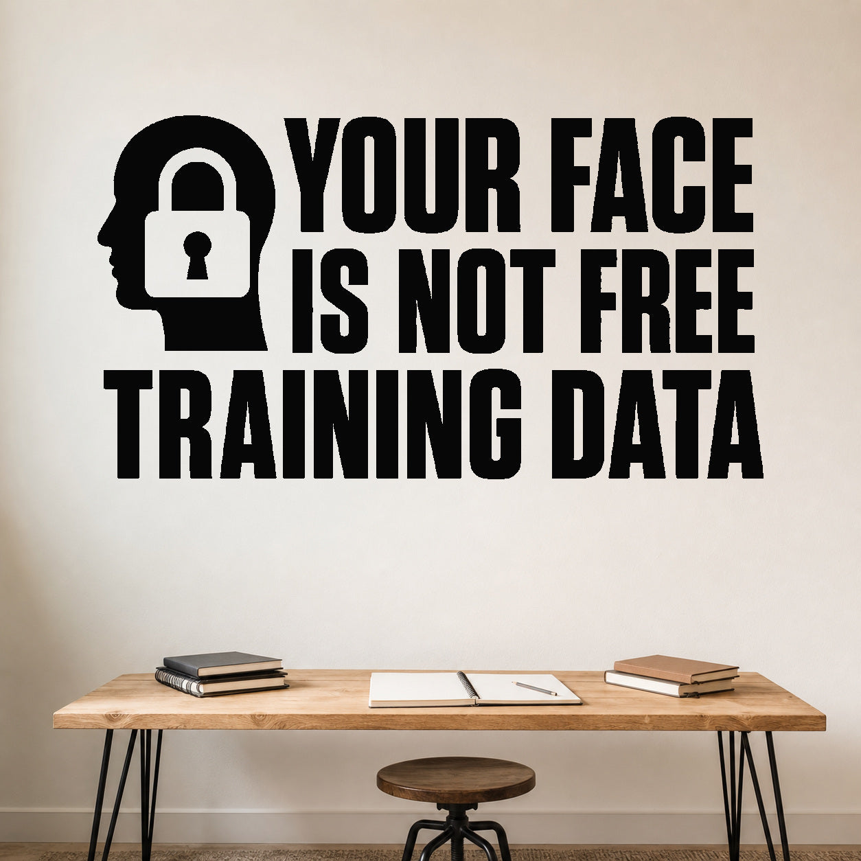 Your Face Is Not Free Training Data removable vinyl wall decal shown in a styled room.