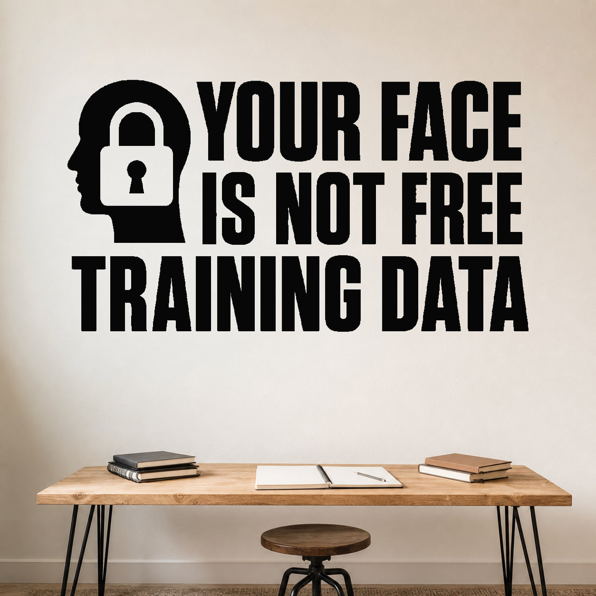 Your Face Is Not Free Training Data removable vinyl wall decal shown in a styled room.