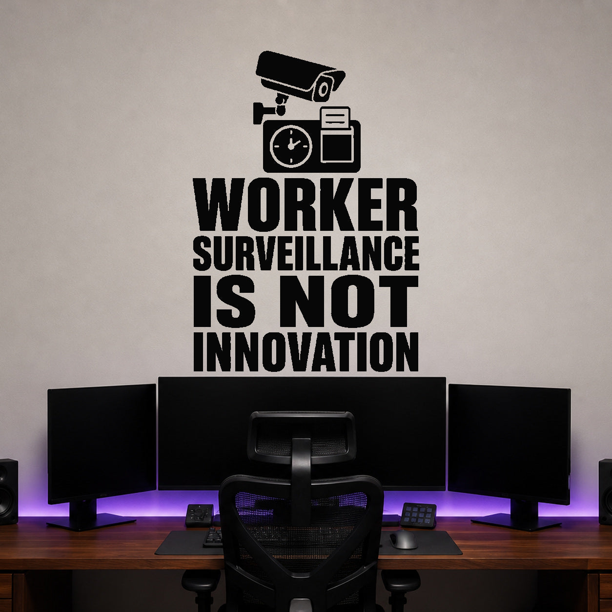 Alternate room view of the Worker Surveillance Is Not Innovation removable vinyl wall decal.