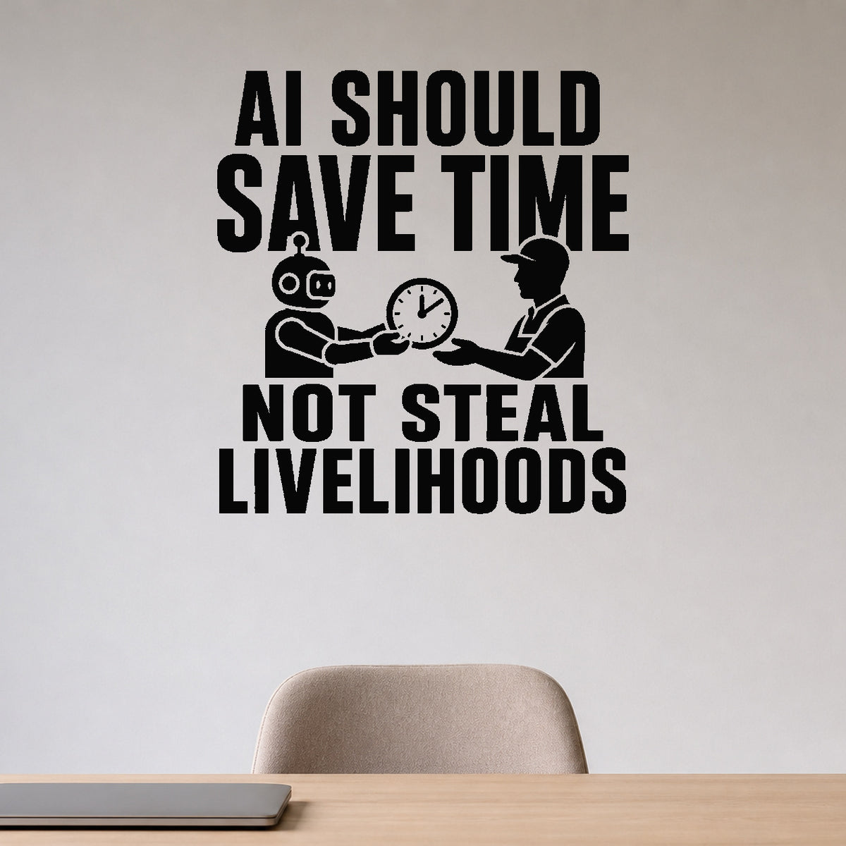 Alternate room view of the Ai Should Save Time Not Steal Livelihoods removable vinyl wall decal.
