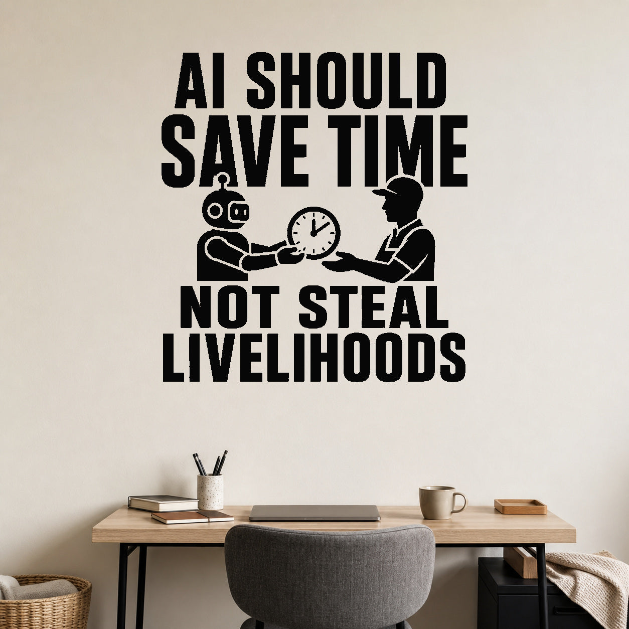 Ai Should Save Time Not Steal Livelihoods removable vinyl wall decal shown in a styled room.