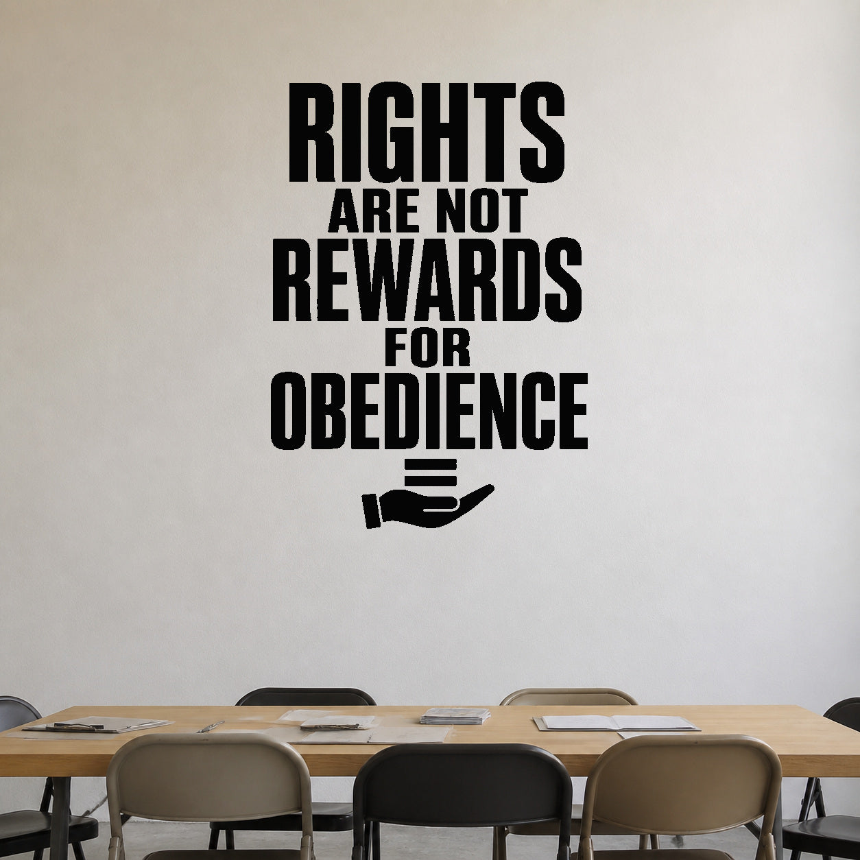 Alternate room view of the Rights Are Not Rewards for Obedience removable vinyl wall decal.