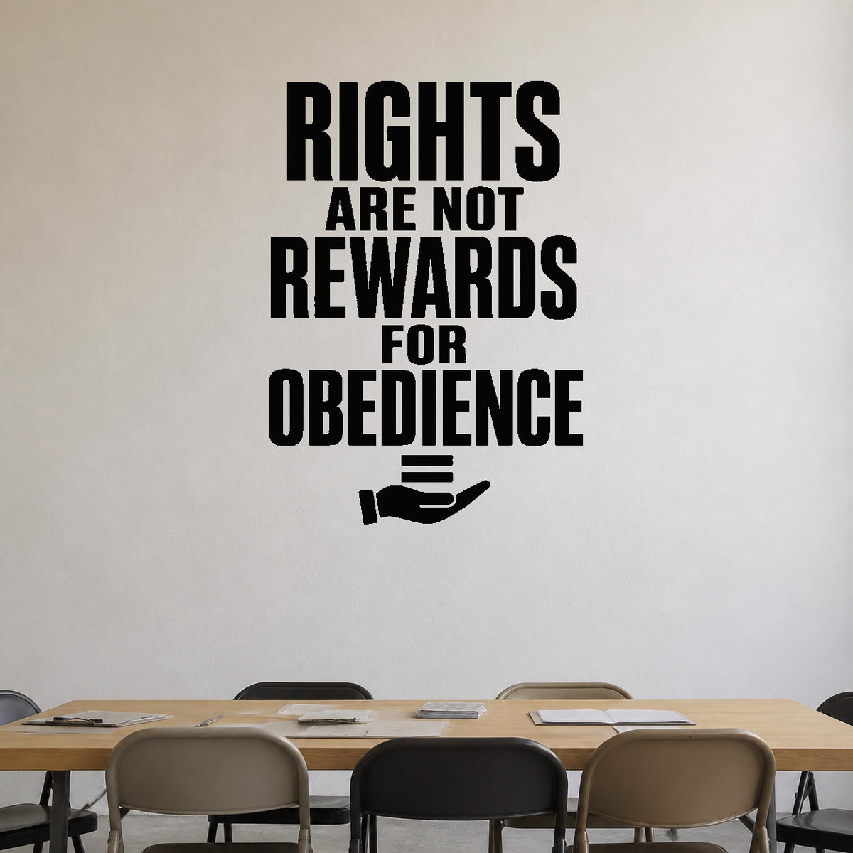Alternate room view of the Rights Are Not Rewards for Obedience removable vinyl wall decal.