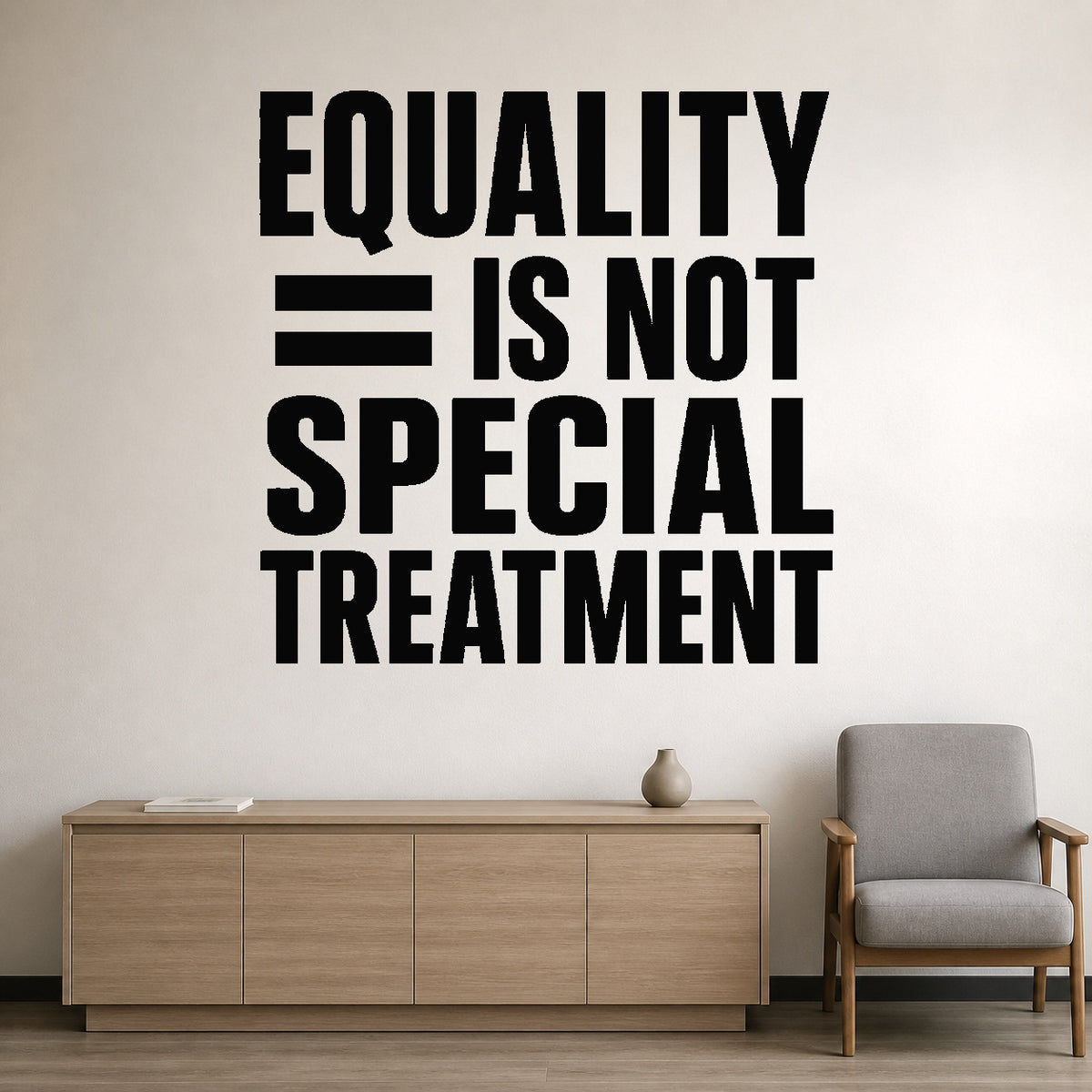 Alternate room view of the Equality Is Not Special Treatment removable vinyl wall decal.