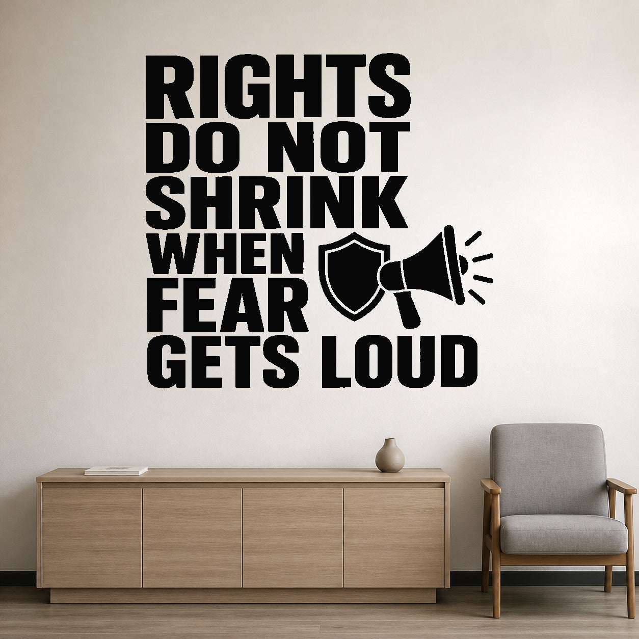 Alternate room view of the Rights Do Not Shrink When Fear Gets Loud removable vinyl wall decal.