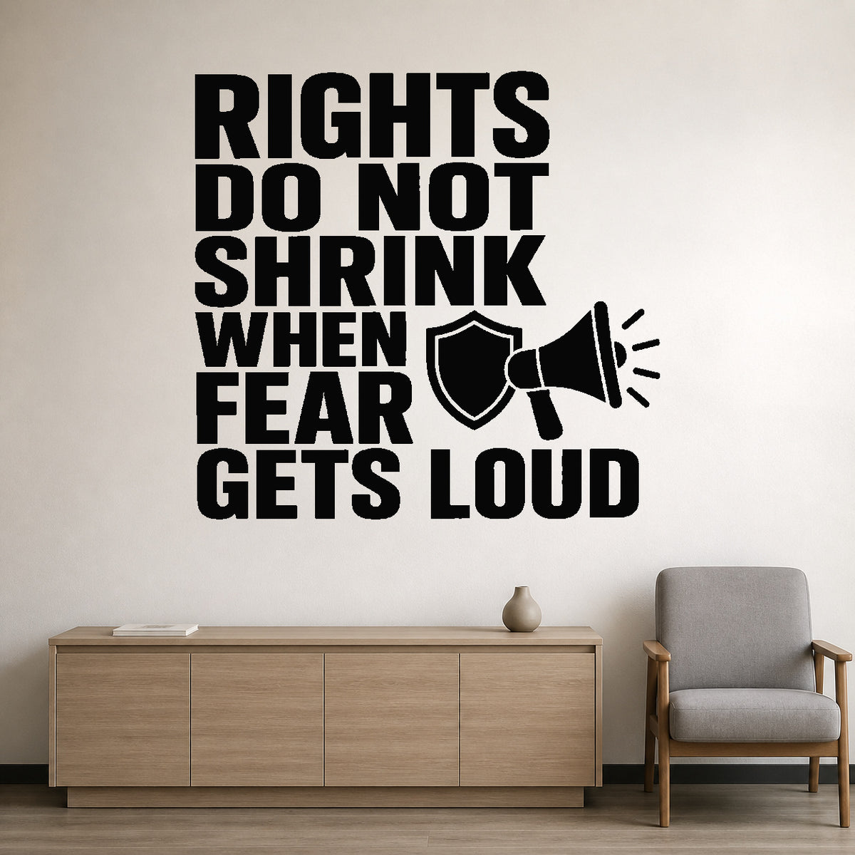 Alternate room view of the Rights Do Not Shrink When Fear Gets Loud removable vinyl wall decal.