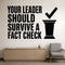 Your Leader Should Survive a Fact Check removable vinyl wall decal shown in a styled room.
