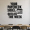 Your Paycheck Should Outlive the Week removable vinyl wall decal shown in a styled room.