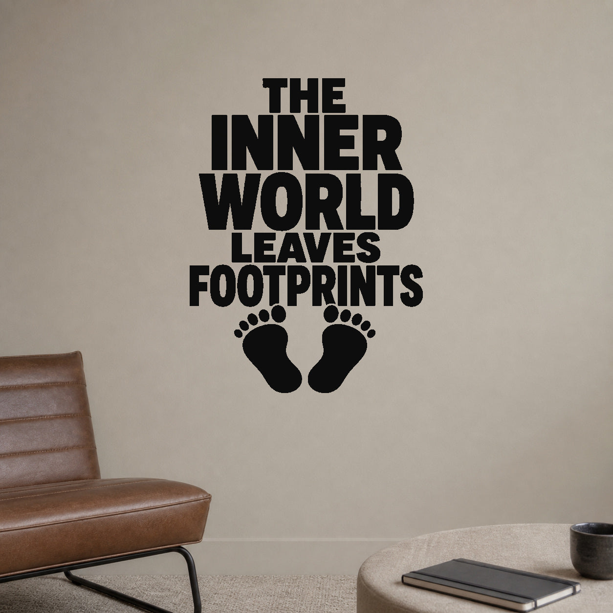 The Inner World Leaves Footprints removable vinyl wall decal shown in a styled room.