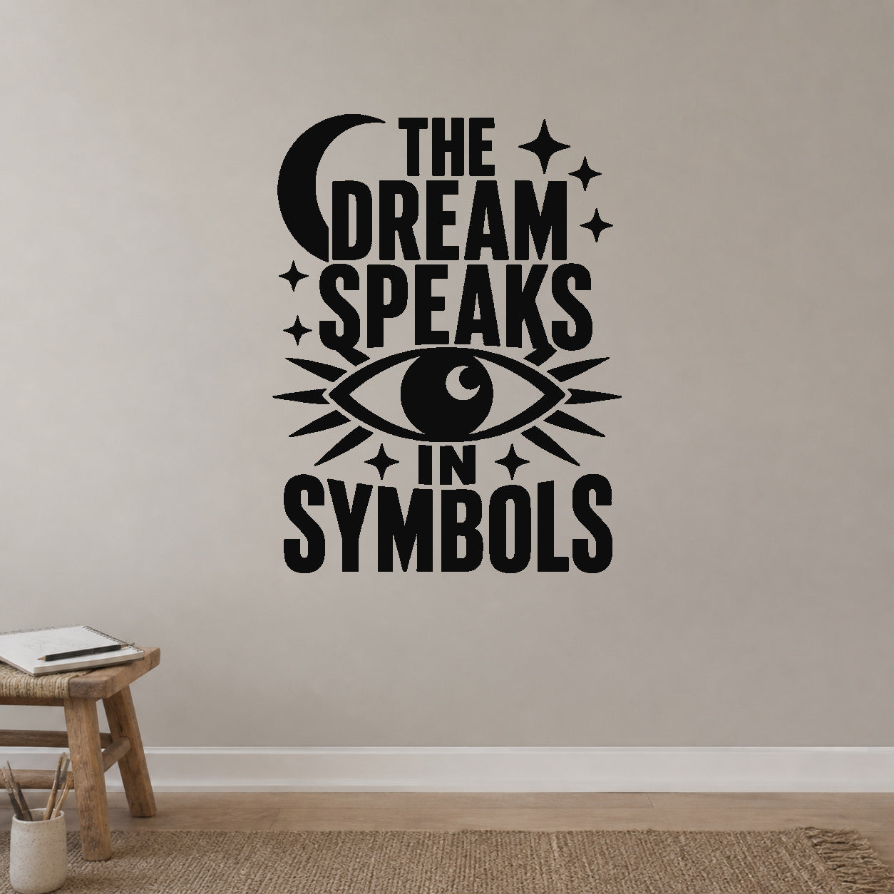 The Dream Speaks in Symbols removable vinyl wall decal shown in a styled room.