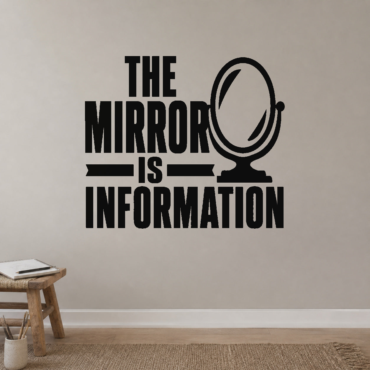 Alternate room view of the The Mirror Is Information removable vinyl wall decal.