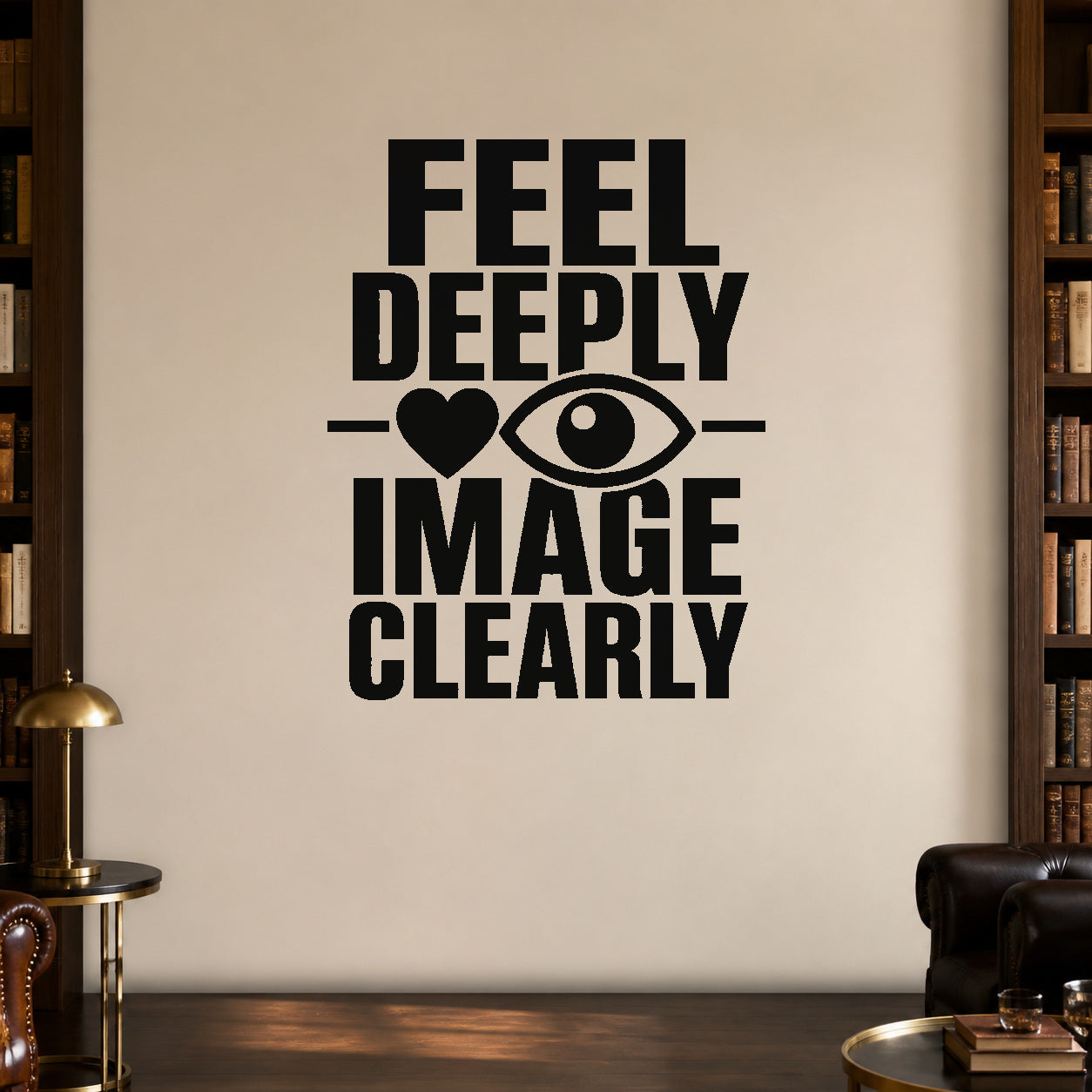 Feel Deeply Image Clearly removable vinyl wall decal shown in a styled room.