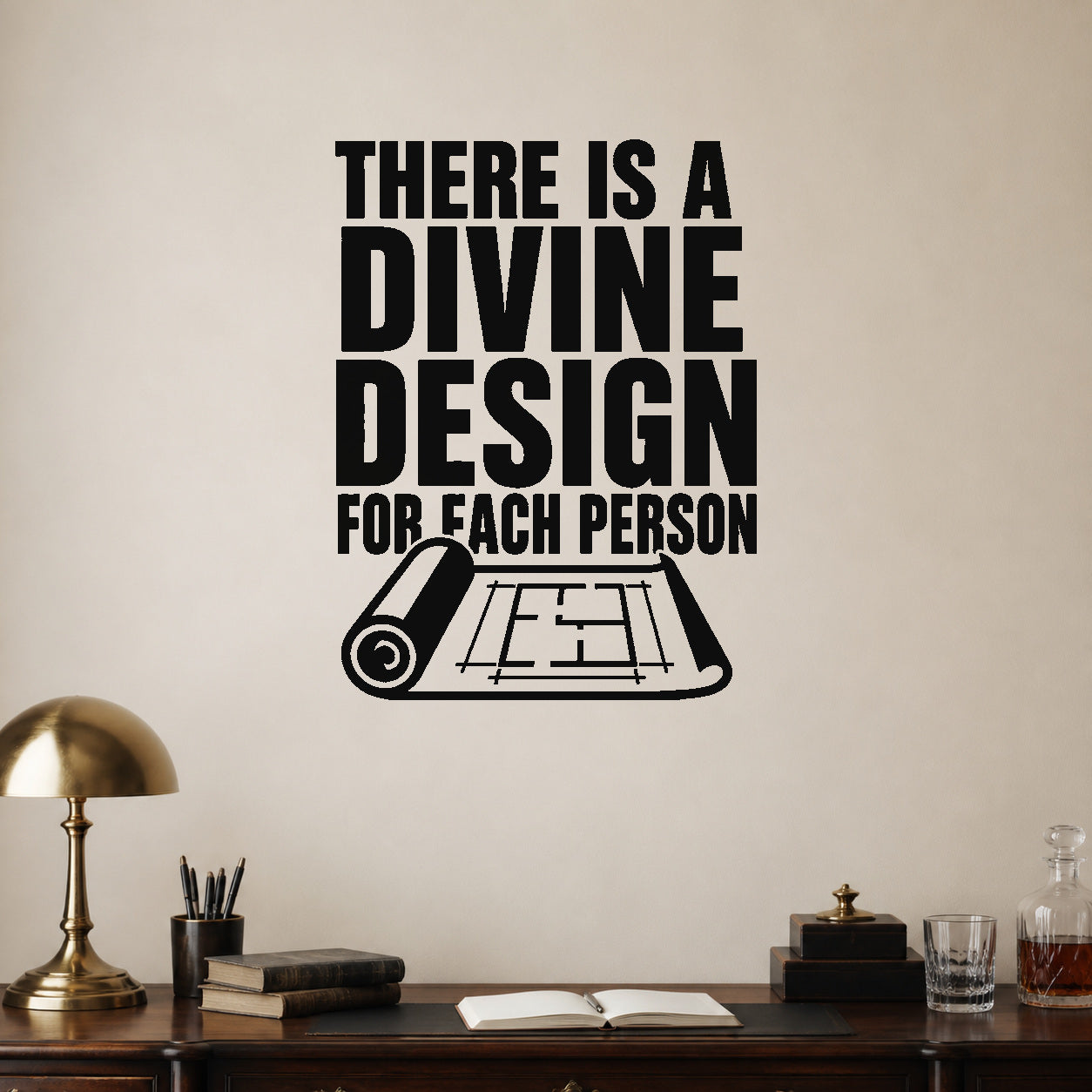 Alternate room view of the There Is a Divine Design for Each Person removable vinyl wall decal.