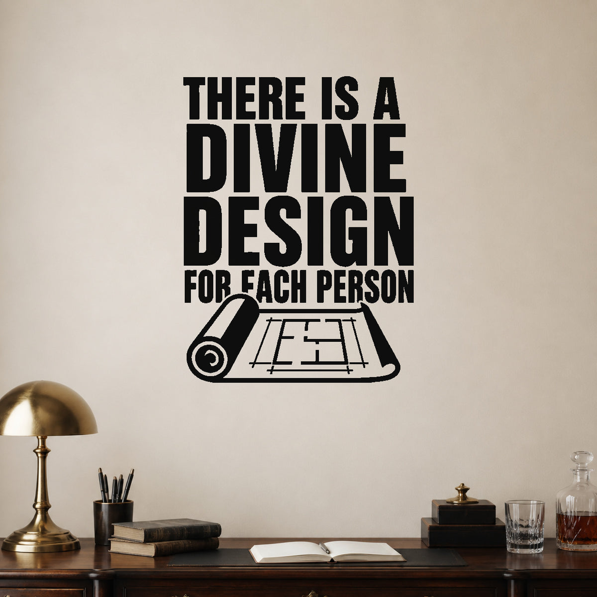 Alternate room view of the There Is a Divine Design for Each Person removable vinyl wall decal.