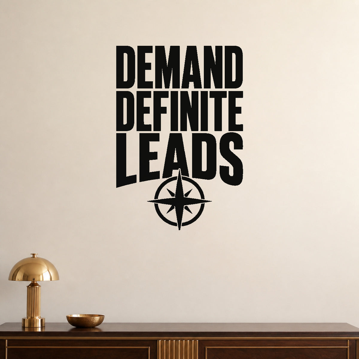Alternate room view of the Demand Definite Leads removable vinyl wall decal.
