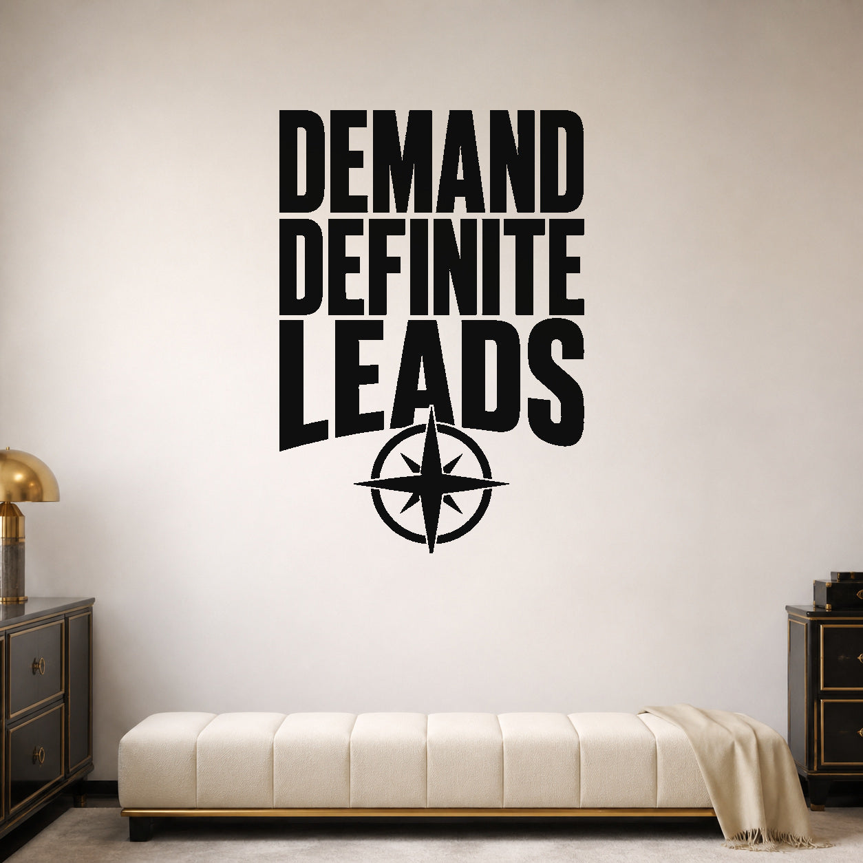 Demand Definite Leads removable vinyl wall decal shown in a styled room.