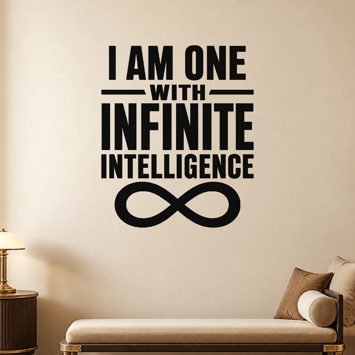 Alternate room view of the I Am One with Infinite Intelligence removable vinyl wall decal.