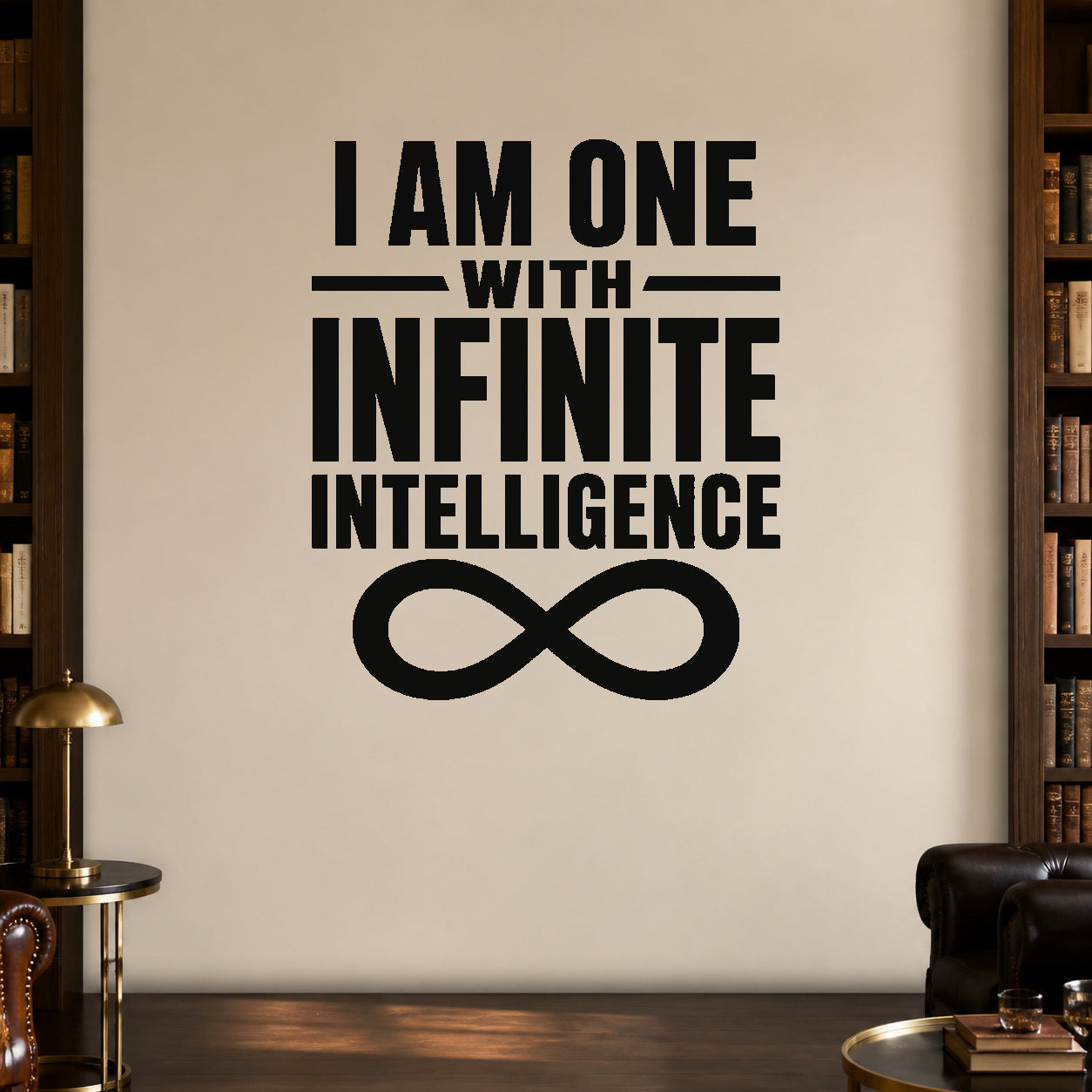 I Am One with Infinite Intelligence removable vinyl wall decal shown in a styled room.