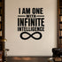 I Am One with Infinite Intelligence removable vinyl wall decal shown in a styled room.