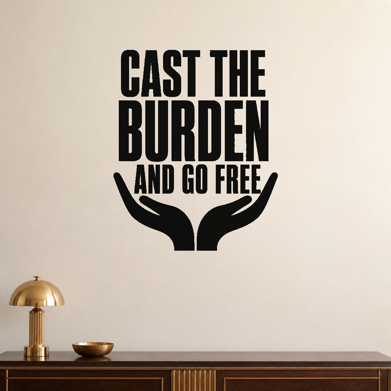 Alternate room view of the Cast the Burden and Go Free removable vinyl wall decal.