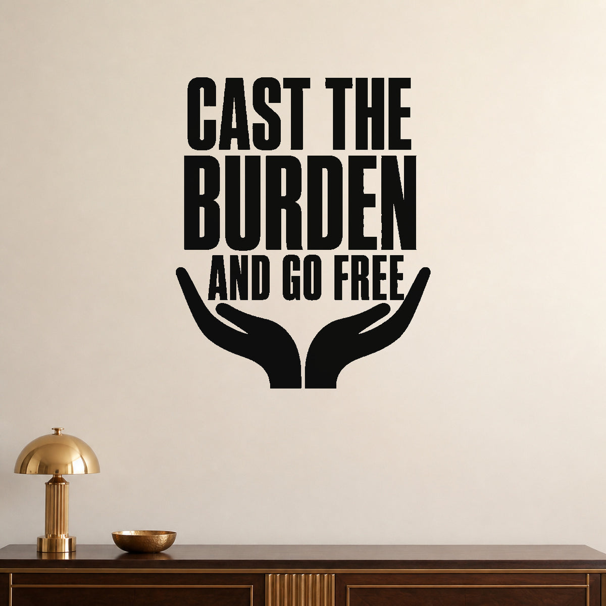 Alternate room view of the Cast the Burden and Go Free removable vinyl wall decal.