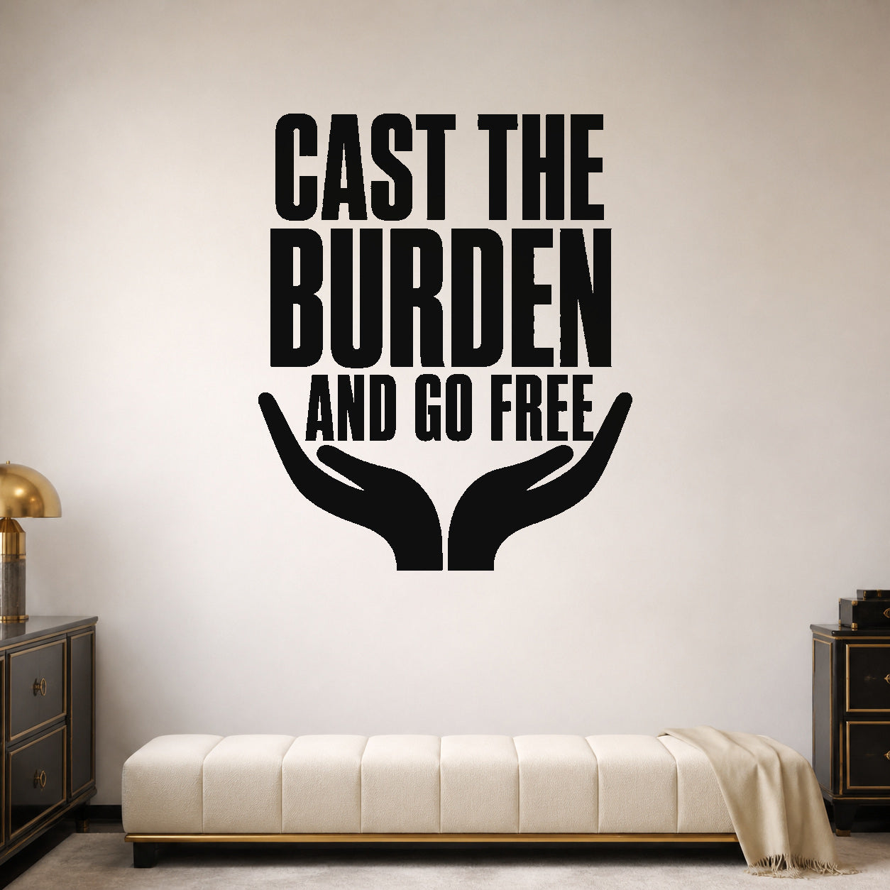Cast the Burden and Go Free removable vinyl wall decal shown in a styled room.