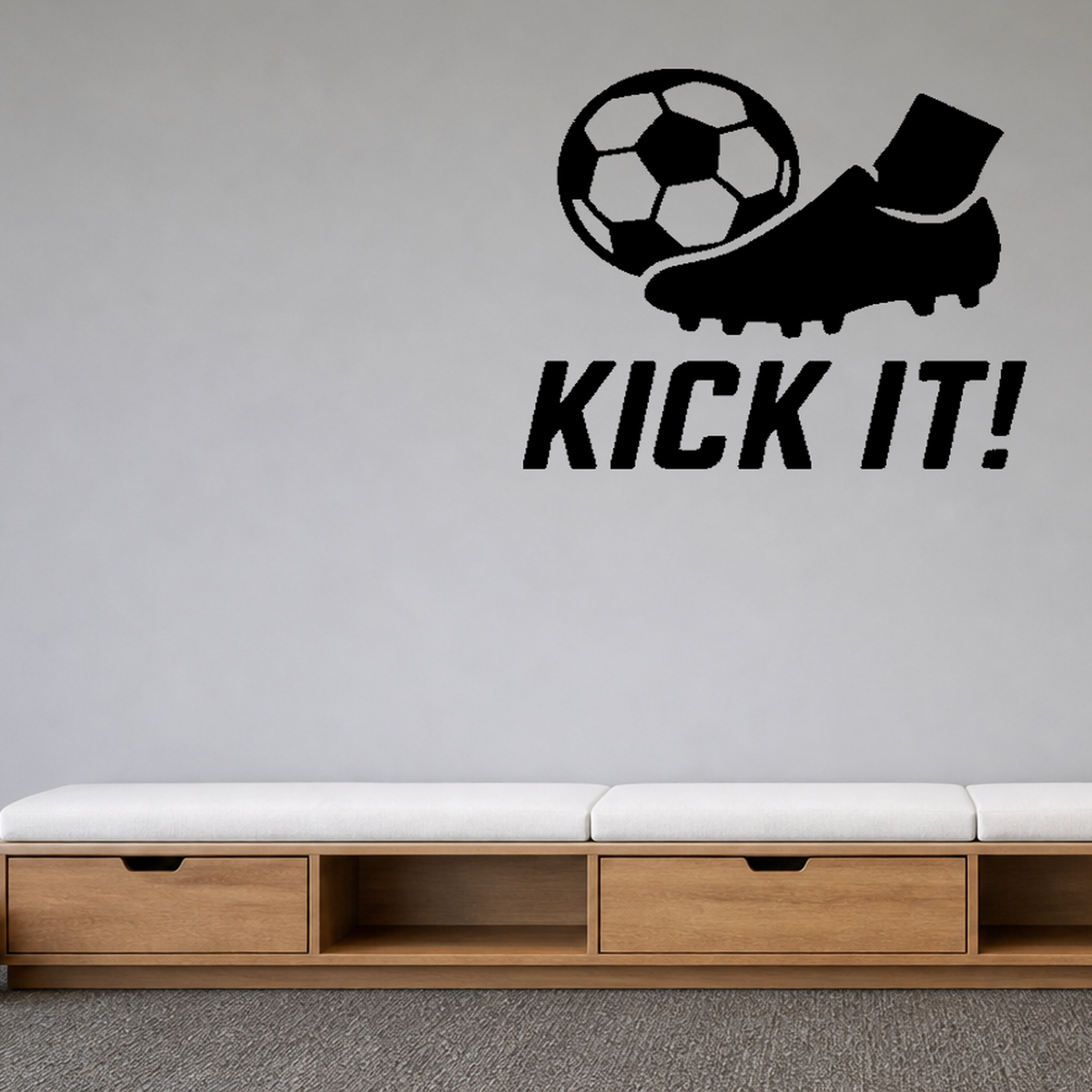 Kick It! - Soccer Sports Wall Decal Vinyl Sticker Removable shown as a removable vinyl wall decal in a second room setting