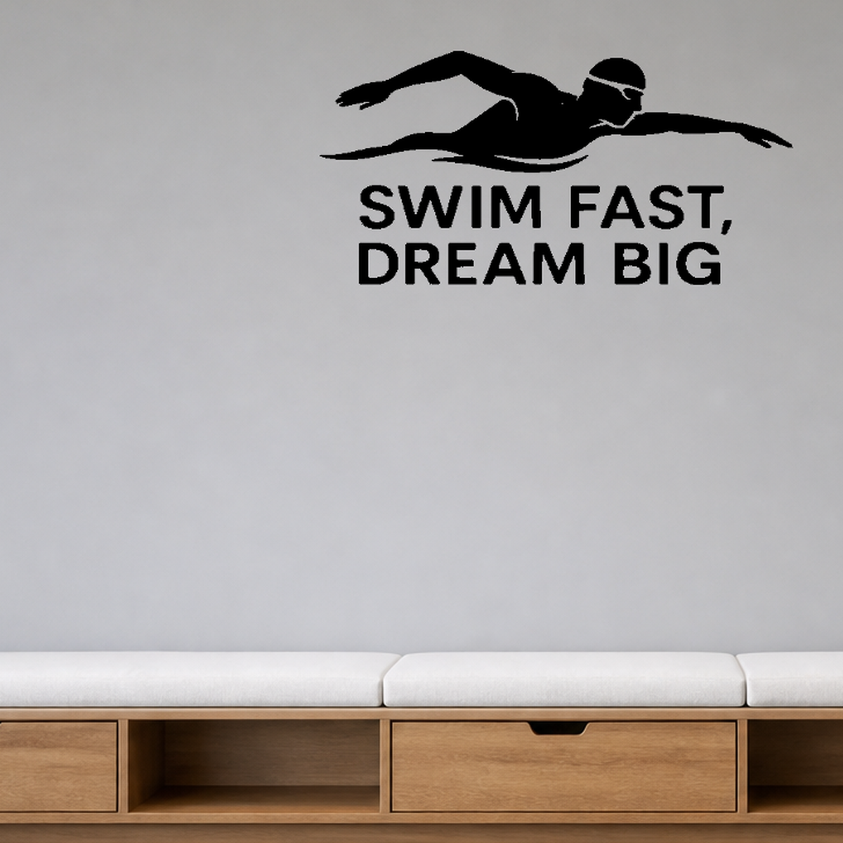 Swim Fast, Dream Big - Swimming Sports Wall Decal Vinyl Sticker Removable shown as a removable vinyl wall decal in a category-appropriate room