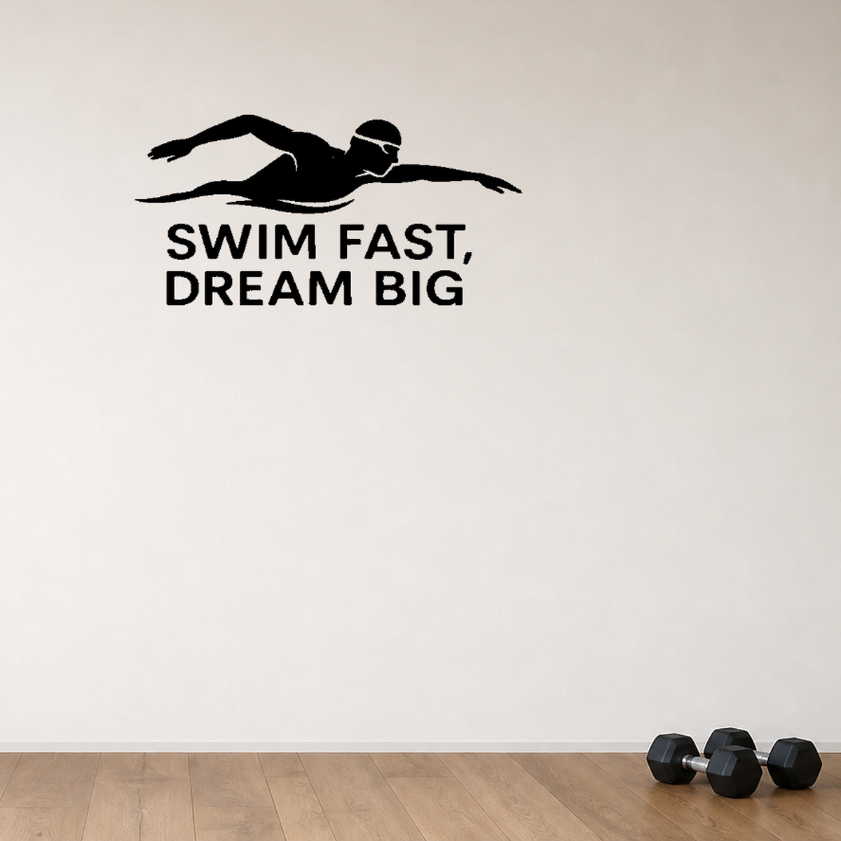 Swim Fast, Dream Big - Swimming Sports Wall Decal Vinyl Sticker Removable shown as a removable vinyl wall decal in a second room setting