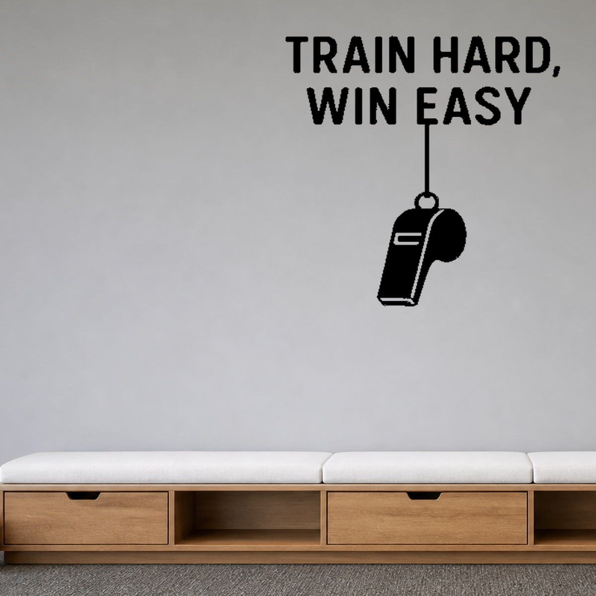 Train Hard, Win Easy - Sports Motivation Wall Decal Vinyl Sticker Removable shown as a removable vinyl wall decal in a second room setting