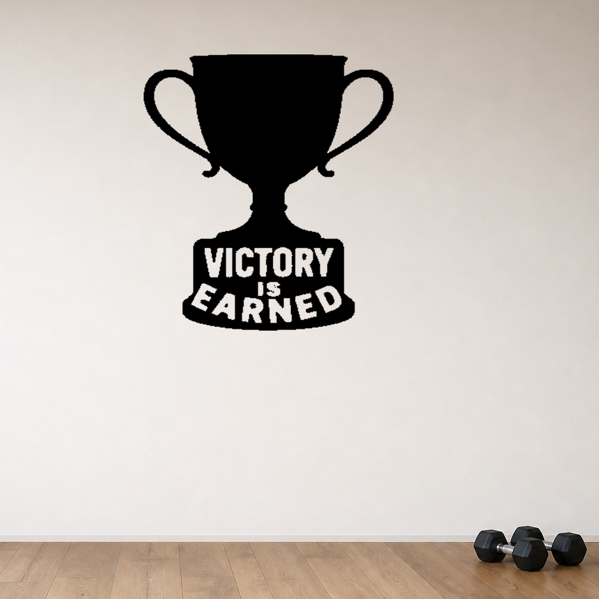 Victory is Earned - Trophy Sports Wall Decal Vinyl Sticker Removable shown as a removable vinyl wall decal in a second room setting