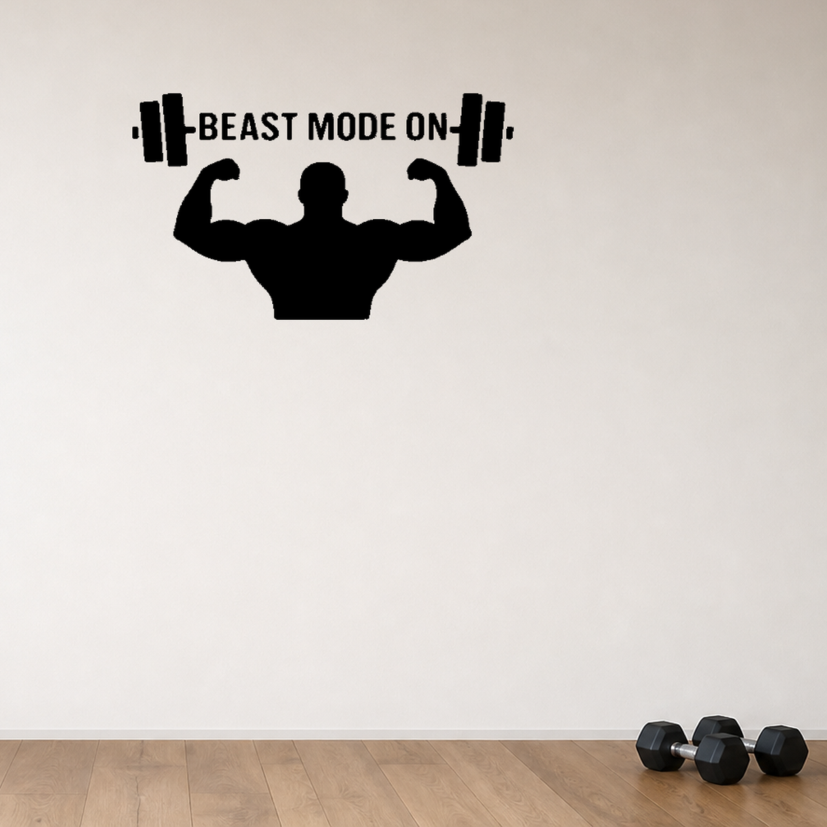 Beast Mode On - Fitness Sports Wall Decal Vinyl Sticker Removable shown as a removable vinyl wall decal in a second room setting