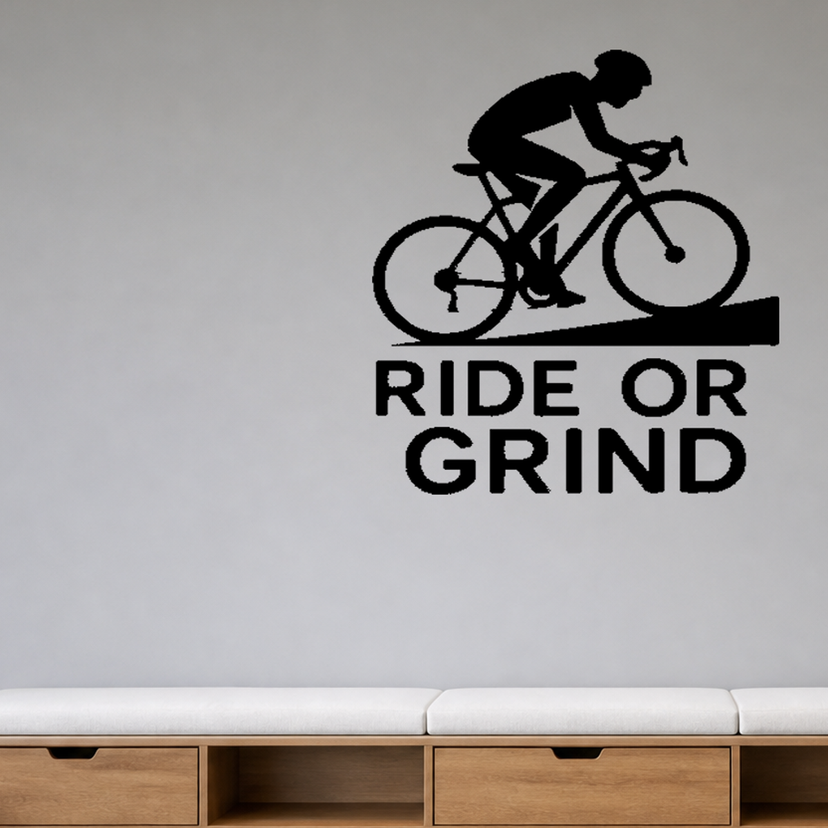 Ride or Grind - Cycling Sports Wall Decal Vinyl Sticker Removable shown as a removable vinyl wall decal in a category-appropriate room