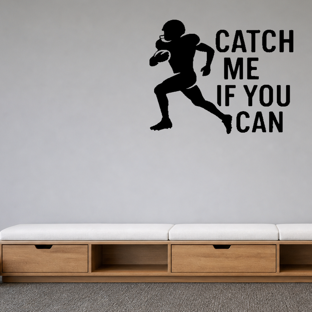Catch Me if You Can - Football Sports Wall Decal Vinyl Sticker Removable shown as a removable vinyl wall decal in a second room setting