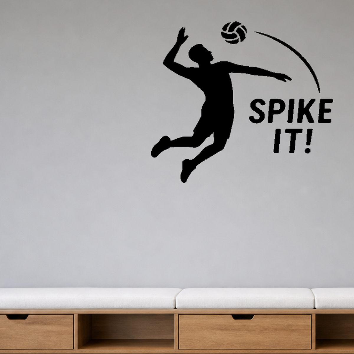 Spike It! - Volleyball Sports Wall Decal Vinyl Sticker Removable shown as a removable vinyl wall decal in a category-appropriate room