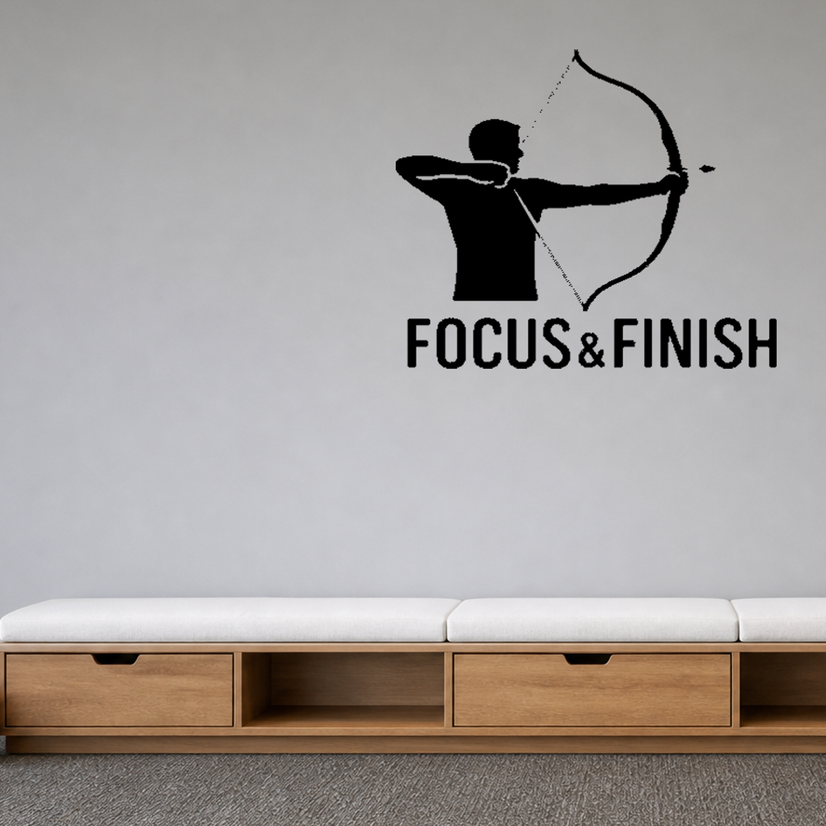 Focus & Finish - Archery Sports Wall Decal Vinyl Sticker Removable shown as a removable vinyl wall decal in a second room setting