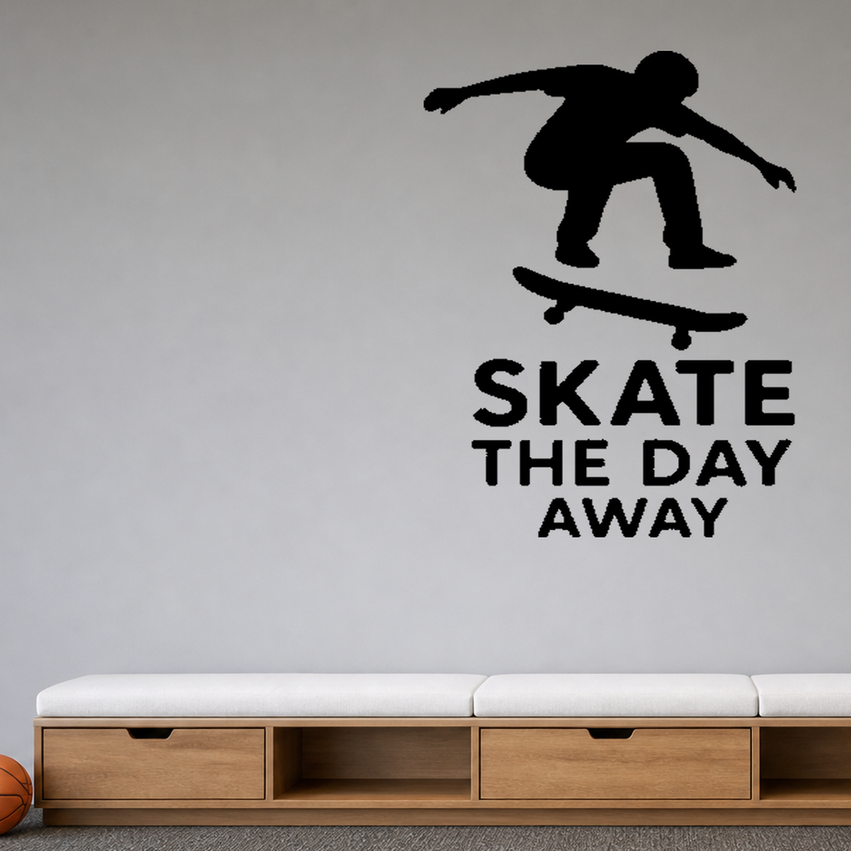 Skate the Day Away - Skateboarding Sports Wall Decal Vinyl Sticker Removable shown as a removable vinyl wall decal in a category-appropriate room