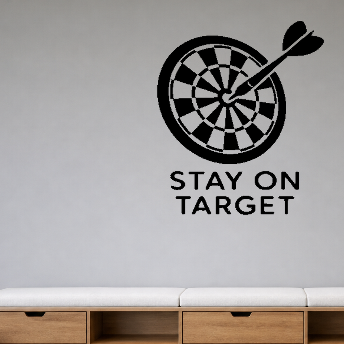 Stay on Target - Darts Sports Wall Decal Vinyl Sticker Removable shown as a removable vinyl wall decal in a category-appropriate room