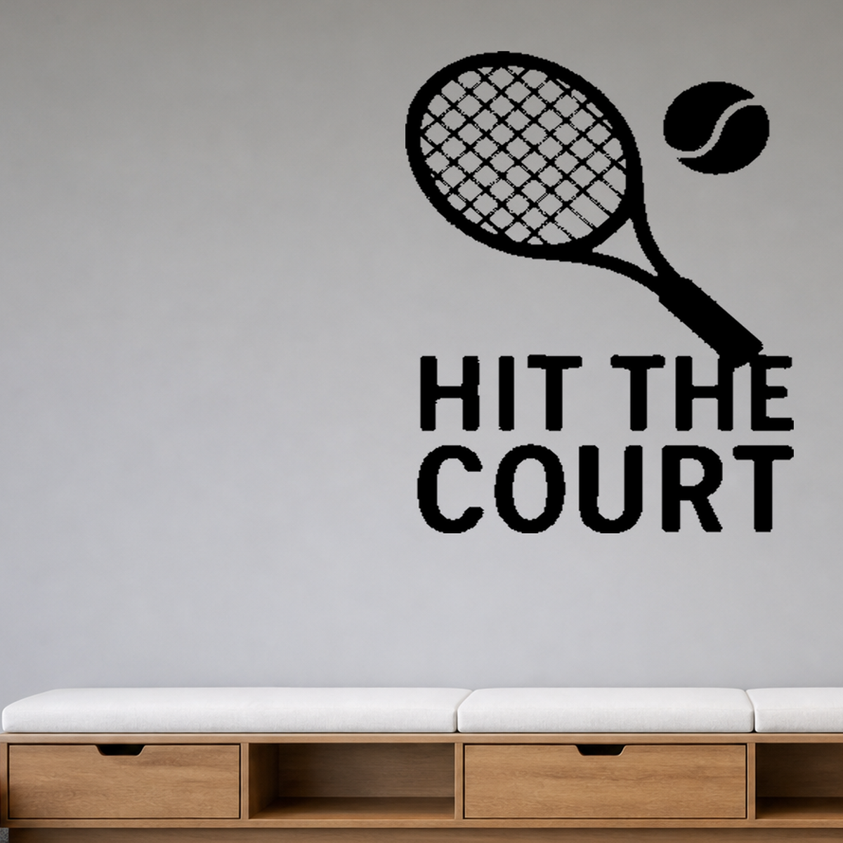 Hit the Court - Tennis Sports Wall Decal Vinyl Sticker Removable shown as a removable vinyl wall decal in a category-appropriate room