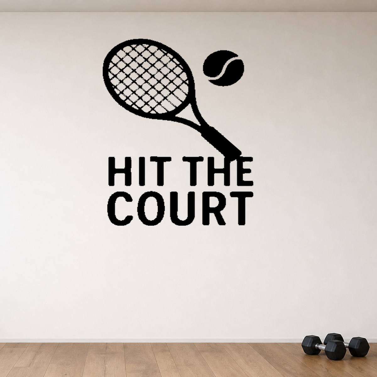 Hit the Court - Tennis Sports Wall Decal Vinyl Sticker Removable shown as a removable vinyl wall decal in a second room setting