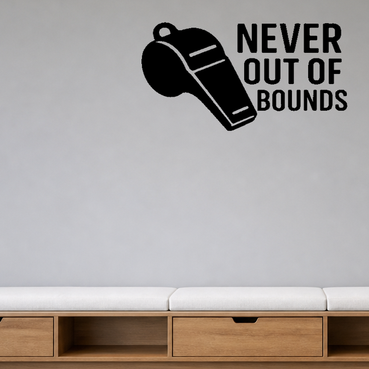 Never Out of Bounds - Sports Motivation Wall Decal Vinyl Sticker Removable shown as a removable vinyl wall decal in a category-appropriate room