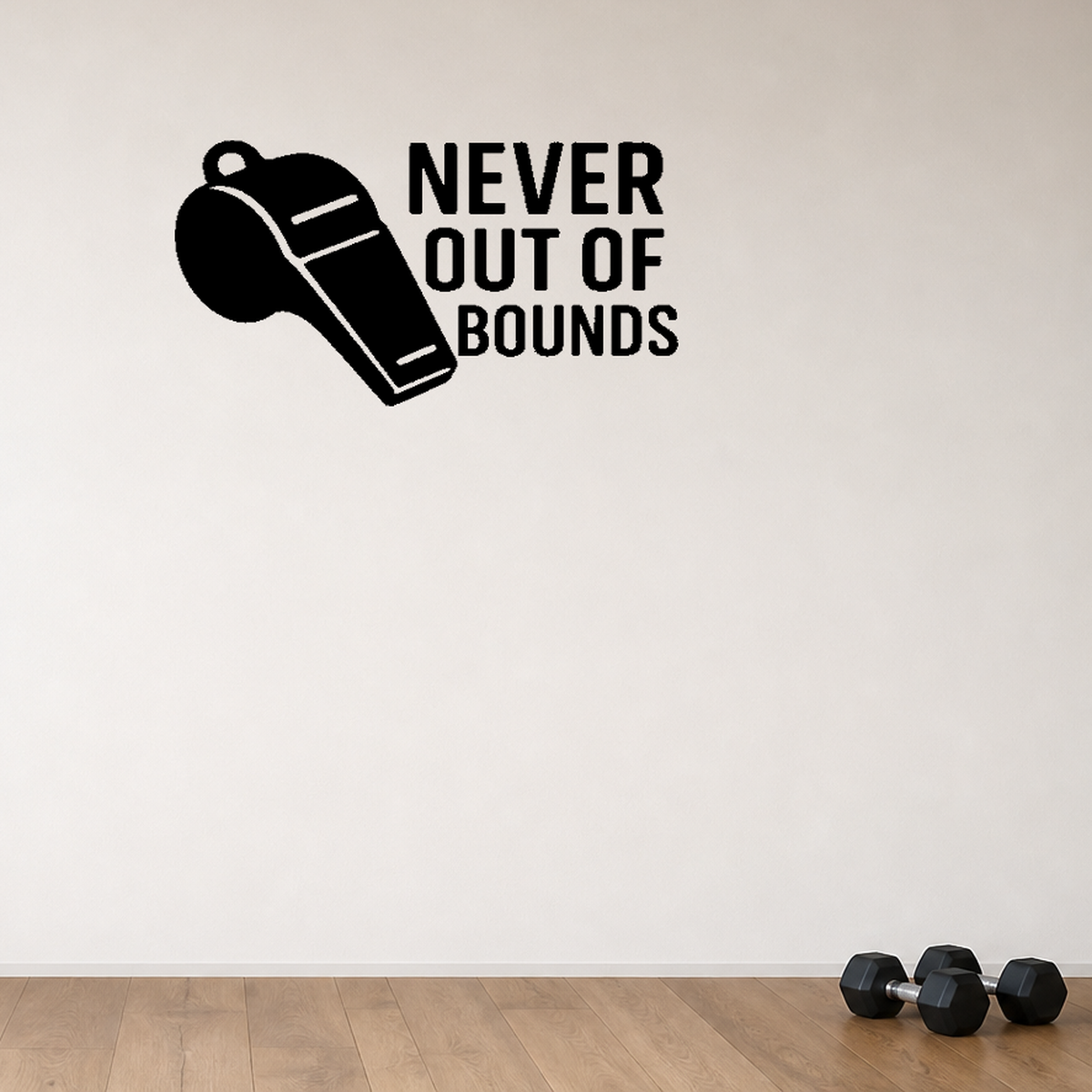 Never Out of Bounds - Sports Motivation Wall Decal Vinyl Sticker Removable shown as a removable vinyl wall decal in a second room setting