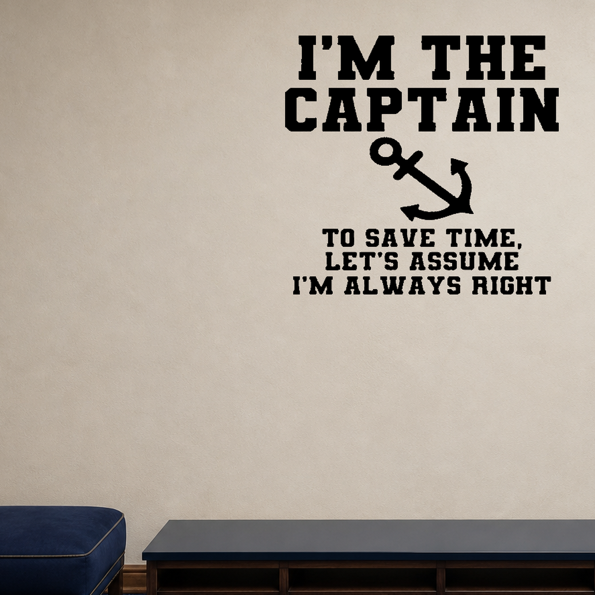 Captain steering wheel Style 2 Removable Vinyl Decal for Interior Walls shown as a removable vinyl wall decal in a second room setting