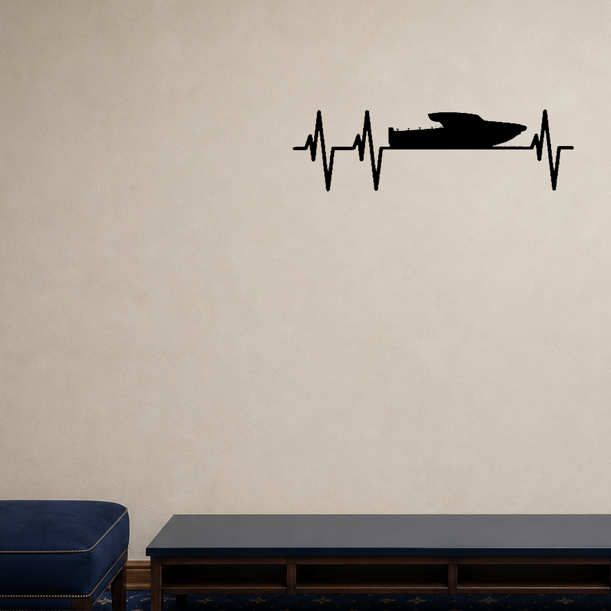 Heartbeat boat Style 2 Removable Vinyl Decal for Interior Walls shown as a removable vinyl wall decal in a second room setting