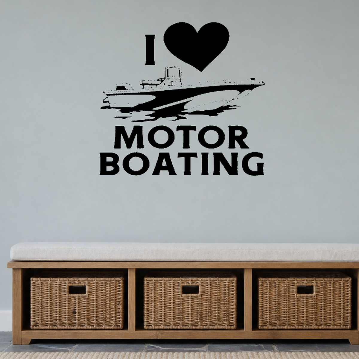 I love motor boating Removable Vinyl Decal for Interior Walls shown as a removable vinyl wall decal in a second room setting