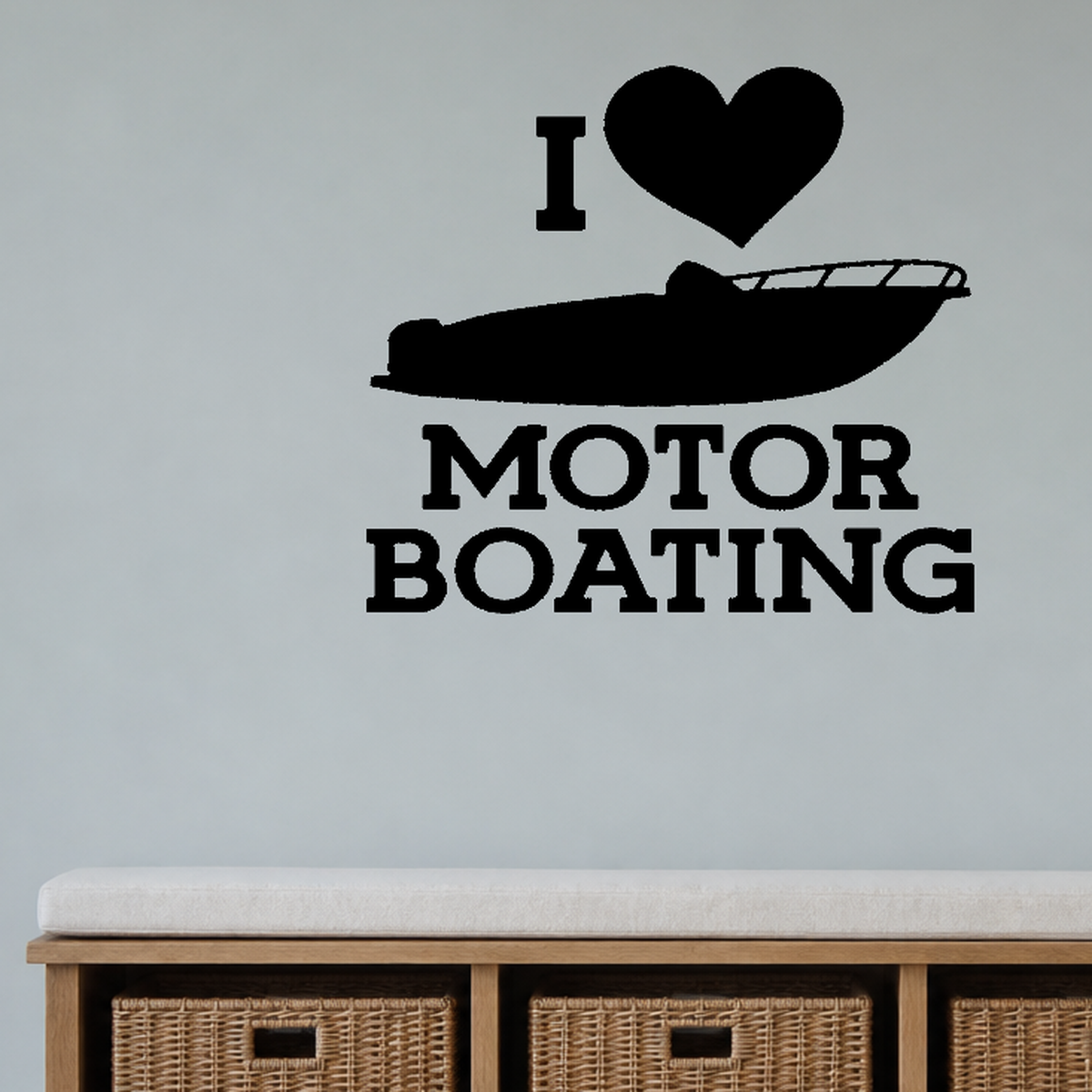 I love motor boating Style 2 Removable Vinyl Decal for Interior Walls shown as a removable vinyl wall decal in a category-appropriate room